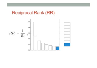 Reciprocal Rank (RR)

1
RR :=
Ri

 