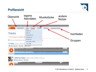 Profilansicht Übersicht eigene Aktivitäten Musikstücke hochladen Gruppen andere Nutzer /  