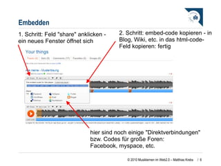 Embedden /  1. Schritt: Feld "share" anklicken - ein neues Fenster öffnet sich 2. Schritt: embed-code kopieren - in  Blog, Wiki, etc. in das html-code-Feld kopieren: fertig es gibt auch einige "Direktverbindungen" bzw. Codes für Facebook, myspace, etc. 