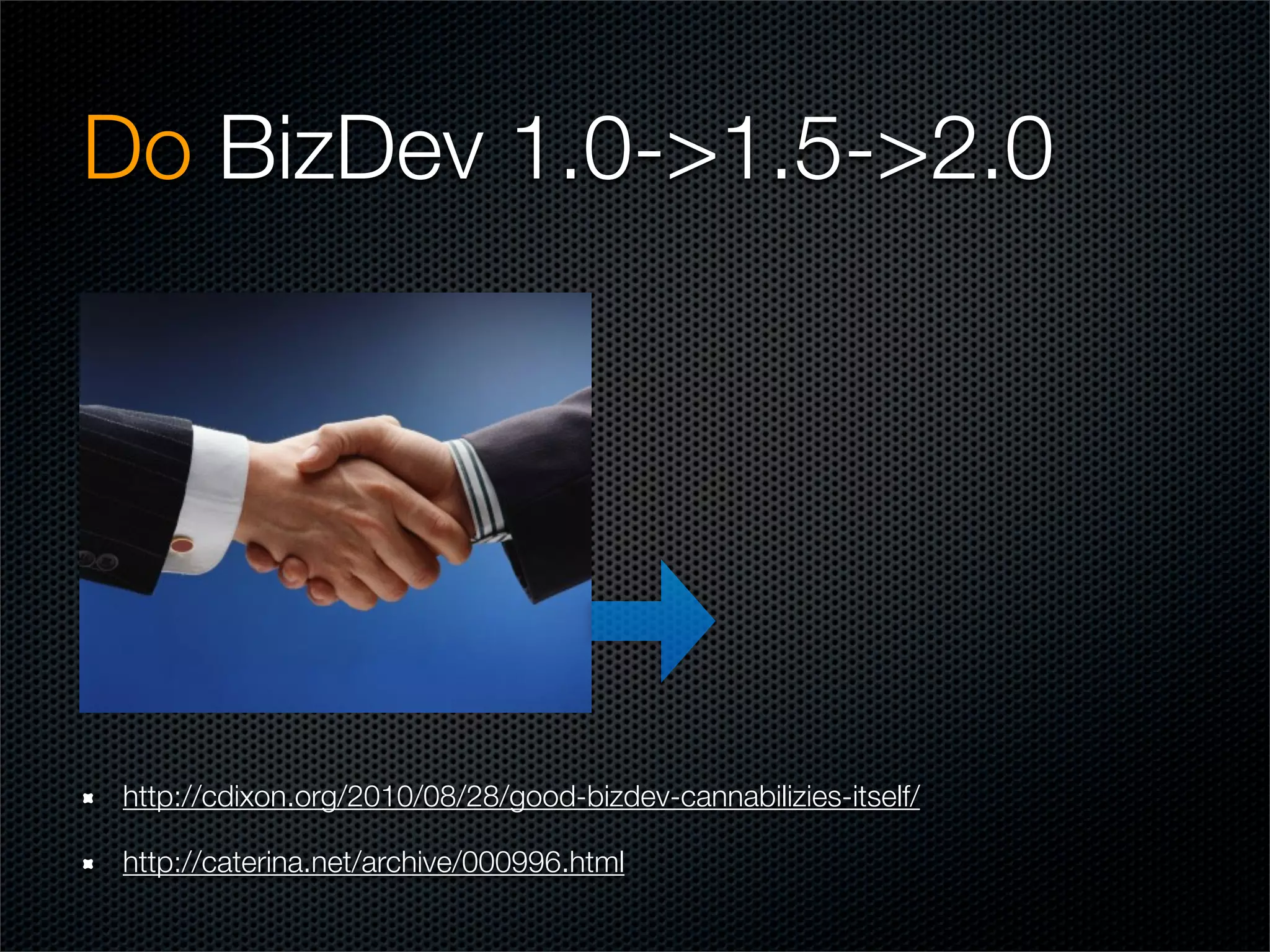 Do BizDev 1.0->1.5->2.0




http://cdixon.org/2010/08/28/good-bizdev-cannabilizies-itself/

http://caterina.net/archive/000996.html
 