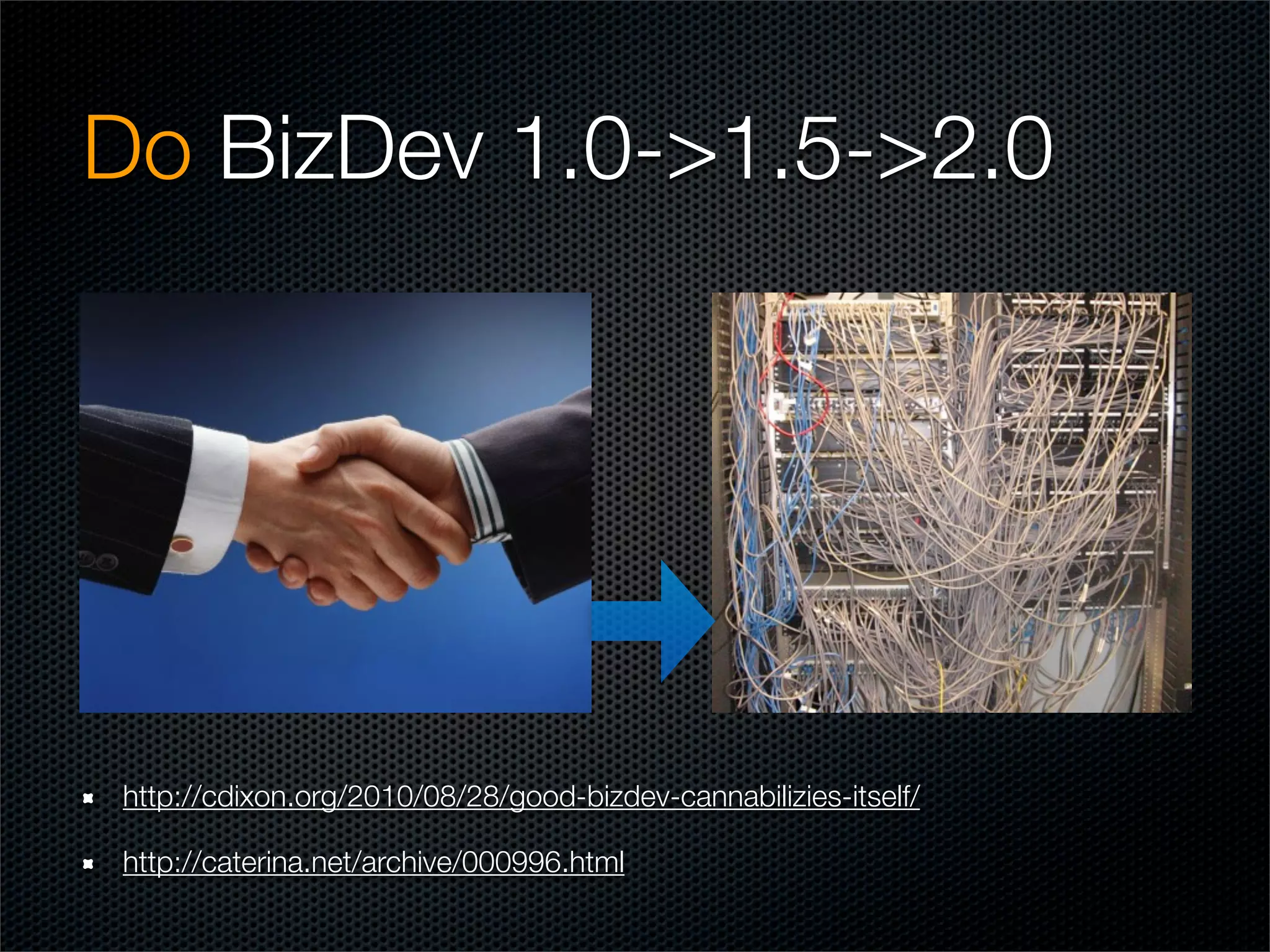 Do BizDev 1.0->1.5->2.0




http://cdixon.org/2010/08/28/good-bizdev-cannabilizies-itself/

http://caterina.net/archive/000996.html
 