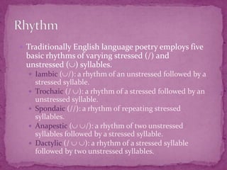 Traditionally English language poetry employs five basic rhythms of varying stressed (/) and unstressed () syllables.  