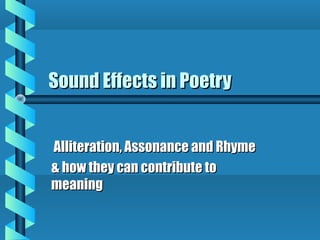 Sound Effects in Poetry
Alliteration, Assonance and Rhyme
& how they can contribute to
meaning

 