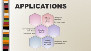 Charge
your
phone
With your
heartbeat
By your words
Lighting
by led
Harvesting sound
from chaos
From music beat
Storage
of energy
for future
Harvesting sound
in a busy street
APPLICATIONS