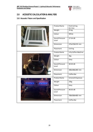 ARC 3413 Building Science Project 1: Lighting & Acoustic Performance
Evaluation and Design
29
2.8 ACOUSTIC CALCULATION & ANALYSIS
2.8.1 Acoustic Fixture and Specification
ProductName York Ceiling
Air-Con
Weight 25 kg
Colour White
SoundPressure
Level
27-34 dB
Dimension 275x570x570 mm
Placement Ceiling
ProductName LillyCoffee Machine
Weight 3kg
Colour Grey
SoundPressure
Level
40-50 dB
Dimension 300x300x200 mm
Placement Coffee Bar
ProductName Simonelli Espresso
Weight 25kg
Colour Grey
SoundPressure
Level
40-50 dB
Dimension 700x500x400 mm
Placement Coffee Bar
 