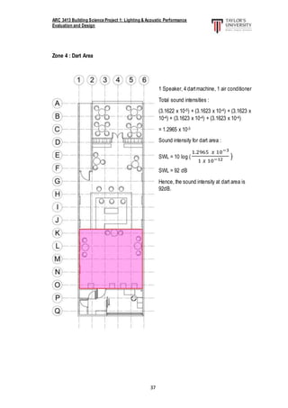 ARC 3413 Building Science Project 1: Lighting & Acoustic Performance
Evaluation and Design
37
Zone 4 : Dart Area
1 Speaker, 4 dartmachine, 1 air conditioner
Total sound intensities :
(3.1622 x 10-5) + (3.1623 x 10-4) + (3.1623 x
10-4) + (3.1623 x 10-4) + (3.1623 x 10-4)
= 1.2965 x 10-3
Sound intensity for dart area :
SWL = 10 log (
1.2965 𝑥 10−3
1 𝑥 10−12 )
SWL = 92 dB
Hence, the sound intensity at dart area is
92dB.
 