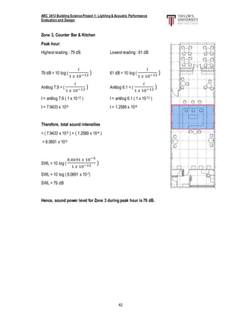 ARC 3413 Building Science Project 1: Lighting & Acoustic Performance
Evaluation and Design
42
Zone 3, Counter Bar & Kitchen
Peak hour:
Highestreading : 79 dB Lowestreading : 61 dB
79 dB = 10 log (
𝑖
1 𝑥 10−12 ) 61 dB = 10 log (
𝑖
1 𝑥 10−12 )
Antilog 7.9 = (
𝑖
1 𝑥 10−12 ) Antilog 6.1 = (
𝑖
1 𝑥 10−12 )
I = antilog 7.9 ( 1 x 10-12 ) I = antilog 6.1 ( 1 x 10-12 )
I = 7.9433 x 10-5 I = 1.2589 x 10-6
Therefore, total sound intensities
= ( 7.9433 x 10-5 ) + ( 1.2589 x 10-6 )
= 8.0691 x 10-5
SWL = 10 log (
8.0691 𝑥 10−5
1 𝑥 10−12 )
SWL = 10 log ( 8.0691 x 10-7)
SWL = 79 dB
Hence, sound power level for Zone 3 during peak hour is 79 dB.
 