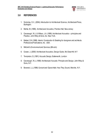 ARC 3413 Building Science Project 1: Lighting & Acoustic Performance
Evaluation and Design
62
3.0 REFERENCES
1. Szokolay, S.V., (2004), Introduction to Architectural Science, Architectural Press,
Burlington.
2. Mehta, M, (1999), Architectural Acoustics, Prentice Hall, New Jersey
3. Cavanaugh, W.J. & Wilkes, J.A. (1999). Architectural Acoustics – principles and
Practice. John Wiley & Sons, Inc. New York.
4. Ballast, D.K.(1998). Interior Construction & Detailing for designers and architects.
Professional Publications, Inc. USA.
5. Mitchell’s Environmentand Services (8th edn)
6. Cowan, J, (2000) Architectural Acoustics, Design Guide, Mc Graw-Hill, N.Y
7. Templeton, D, (1991) Acoustic Design, Butterworth, London
8. Cavanaugh, W.J, (1999) Architectural Acoustic: Principle and Design, John Wiley &
Sons, N.Y.
9. Beranek, L.L,(1996) Concertand Opera Halls: How They Sound, Melville, N.Y.
 