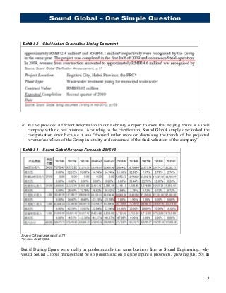 Sound Global – One Simple Question
4
Exhibit 3 – Clarification Contradicts Listing Document
 We’ve provided sufficient information in our February 4 report to show that Beijing Epure is a shell
company with no real business. According to the clarification, Sound Global simply overlooked the
categorisation error because it was “focused rather more on discussing the trends of the projected
revenue/cashflows of the Group in totality and concerned of the final valuation of the company”.
Exhibit 4 – Sound Global Revenue Forecasts 2015-19
Source: CR appraisal report, p.71
* Units in Rmb10,000
But if Beijing Epure were really in predominately the same business line as Sound Engineering, why
would Sound Global management be so pessimistic on Beijing Epure’s prospects, growing just 5% in
 