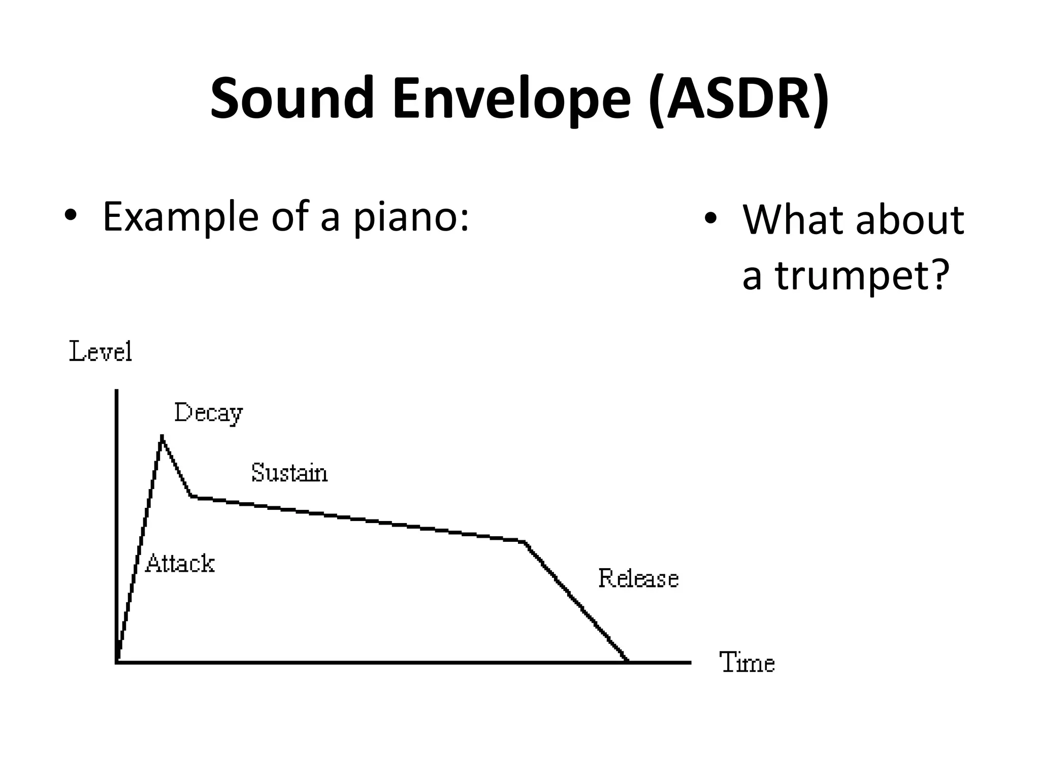 Sound Envelope (ASDR)
• Example of a piano:   • What about
                          a trumpet?
 