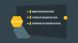 BRIEF INTRODUCTION.
PURPOSE OF SOUND IN FILM.
TYPES OF SOUND IN FILM.
01
02
03
CONTENT
 
