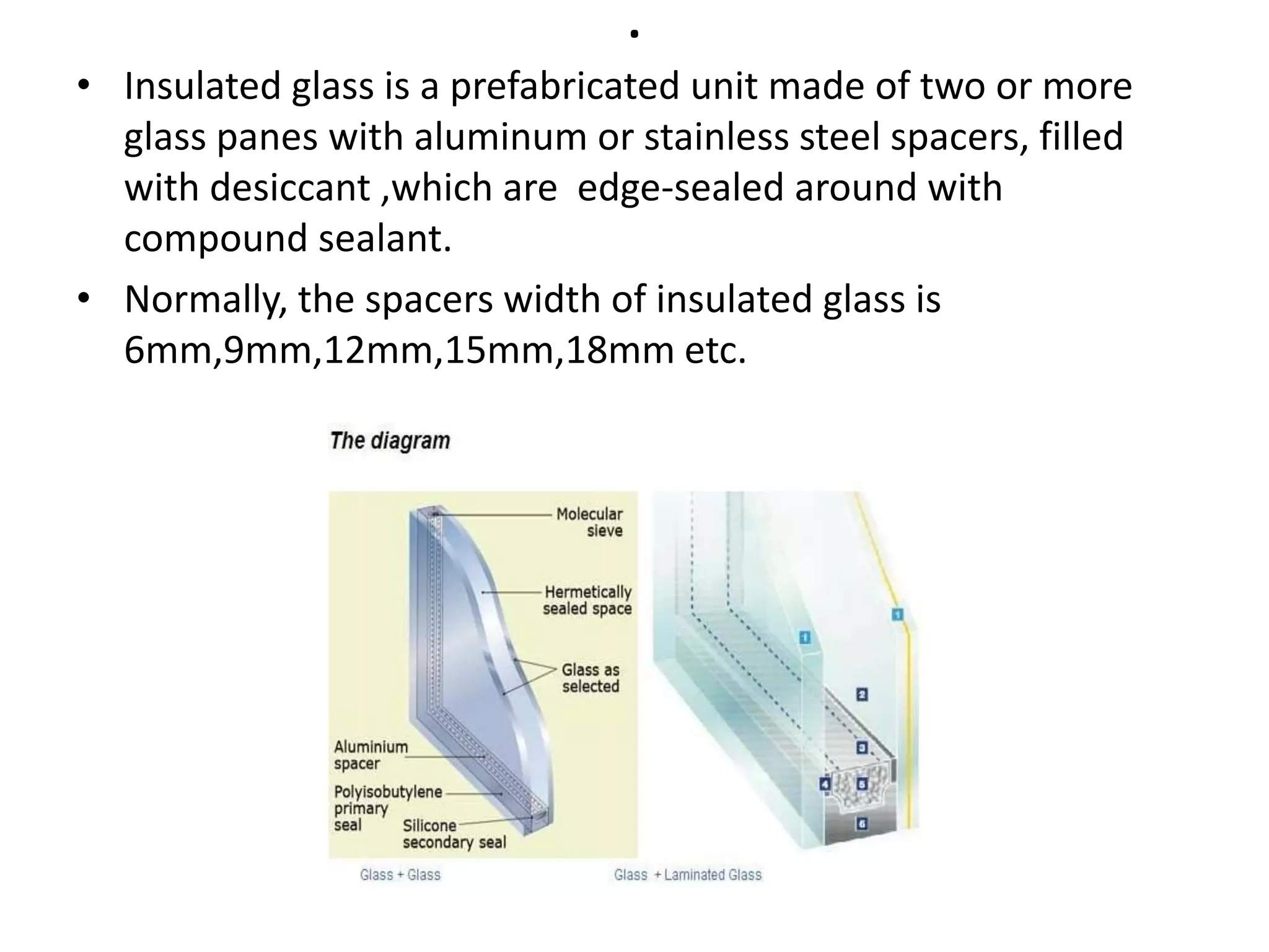 .
• Insulated glass is a prefabricated unit made of two or more
glass panes with aluminum or stainless steel spacers, filled
with desiccant ,which are edge-sealed around with
compound sealant.
• Normally, the spacers width of insulated glass is
6mm,9mm,12mm,15mm,18mm etc.
 