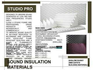 STUDIO PRO
SHALOM SUNNY
2MB12AT019
BUILDING MATERIALS
PRIZE 80-240SQ.M
SIZE
1”, 1 1/2”, 2”, 3” OR 4” THICK,
MELAMINE FOAM, 24” X 48”, 48”
X 48” OR 48” X 96”
DIMENSIONS)
SOUND INSULATION
MATERIALS
DESIGNED TO ABSORB SOUND
GENERATED AT LOW, MID AND
HIGH FREQUENCIES, STUDIO
PRO™
CLASS A STUDIO FOAMS ARE
PROFESSIONAL GRADE
PRODUCTS USED
RESIDENTIALLY AND
COMMERCIALLY
TO IMPROVE SOUND QUALITY
IN SETTINGS DEDICATED TO
RECORDING AND LISTENING.
WITH EXCELLENT FLAME
RESISTANT QUALITIES AND A
CLASS A FLAMMABILITY
RATING, USE STUDIO PRO™
CLASS A STUDIO FOAMS IN
ENVIRONMENTS WHERE
SPARKS, OR OTHER HOT
MATERIAL, MAY COME INTO
CONTACT WITH ACOUSTIC
PRODUCT, OR IN AREAS
WHERE CROWDS GATHER.
ACOUSTIC RATING
NRC = 0.80 (2”)
NRC = 1.10 (3”)
NRC = 1.25 (4”)
COMPANIES ACOUSTIC
TRADE
MAIN USES
COMMERCIAL
AUDITORIUM/GYMNASIUM ,
RESTAURANT, BROADCAST
STUDIO, RECORDING STUDIO,
THEATER, ERESIDENTIAL
APARTMENT/CONDO, MULTI
FAMILY DWELLING,
INSTITUTIONAL
EDUCATIONAL
BUILDING,SANCTUARY,MUSEUM
/LIBRARY
 