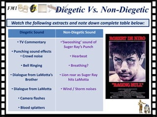 Diegetic Vs. Non-Diegetic
Watch the following extracts and note down complete table below:
     Diegetic Sound            Non-Diegetic Sound

    • TV Commentary          •‘Swooshing’ sound of
                                Suger Ray’s Punch
• Punching sound effects
     • Crowd noise                 • Hearbeat

      • Bell Ringing              • Breathing?

• Dialogue from LaMotta’s    • Lion roar as Suger Ray
         Brother                   hits LaMotta

• Dialogue from LaMotta      • Wind / Storm noises

    • Camera flashes

    • Blood splatters
 
