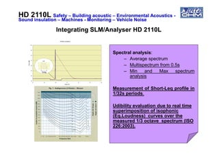 Spectral analysis:
– Average spectrum
– Multispectrum from 0.5s
– Min and Max spectrum
analysis
Profilo Leq Short
40
50
60
70
80
90
100
livello[dB]
1ms
p[t]
HD 2110LHD 2110L SafetySafety –– Building acousticBuilding acoustic –– Environmental AcousticsEnvironmental Acoustics --
Sound insulationSound insulation –– MachinesMachines -- MonitoringMonitoring –– Vehicle NoiseVehicle Noise
Integrating SLM/Analyser HD 2110LIntegrating SLM/Analyser HD 2110L
analysis
Measurement of Short-Leq profile in
1/32s periods.
Udibility evaluation due to real time
superimposition of isophonic
(Eq.Loudness) curves over the
measured 1/3 octave spectrum (ISO
226:2003).
30
34 35 36 37 38 39 40
tempo [s]
 