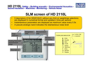 SLM screen of HD 2110LSLM screen of HD 2110L
• 5 descriptors (3 for HD2010UC) without any limit on weightings selections
are displayed in numerical format and updated 2 time per second
• Instantaneous parameters are displayed as maximum value every 0.5s
• A pseudo-analogic band indicates the istantaneous noise level
Integration
time
Measurement
time
HD 2110LHD 2110L SafetySafety –– Building acousticBuilding acoustic –– Environmental AcousticsEnvironmental Acoustics --
Sound insulationSound insulation –– MachinesMachines -- MonitoringMonitoring –– Vehicle NoiseVehicle Noise
State
indicator
Descriptors
Integration
time
Measurement
time
Battery
autonomy
Weightings
Analog band and
measurement
range 20
Leq
RUN
indicatore di sovraccarico
in corso
memoria
PAUSE
REC
STOP
WarmUpW
PrintP
HOLDH
M Monitor
R Replay
OVERLOAD INDICATOR
OL REAL TIME
OL MEMORY
 