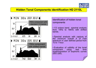 Hidden Tonal Components identification HD 2110LHidden Tonal Components identification HD 2110L
Identification of hidden tonalIdentification of hidden tonal
componentscomponents
• 1/3 octave band spectral analysis
from 14Hz to 18kHz with shifted
bands.
70Hz component with
standard 1/3 bands
• Spectral analysis with capture of
the minimum overall A of Fast
spectrum in user defined period from
1s to 1 hour.
• Evaluation of udibility of the tonal
component using real time
superimposition of isophonic curves
(ISO 226).
70Hz component
with shifted bands
 