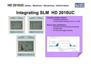 Integrating SLM HD 2010UCIntegrating SLM HD 2010UC
Complete statistic analysis:
– Probability distribution
– LN Percentile calculation from L1 to L99.
Noise events identification:
– Activation and de-activation thresholds
– Duration filter
– Pre and post trigger intervals
HD 2010UCHD 2010UC SafetySafety –– MachinesMachines –– MonitoringMonitoring –– Vehicle NoiseVehicle Noise
 