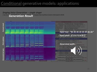 22
Conditional generative models: applications
Singing Voice Generation – single singer
J Lee et al, Adversarially Trained End-to-end Korean Singing Voice Synthesis System (Interspeech 2019)
Generation Result
Input text : “do do do do do do do do”
Input pitch : [C D E F G A B C]
Generated audio :
FormantmaskPitchskeletonGeneratedmelspec.
 