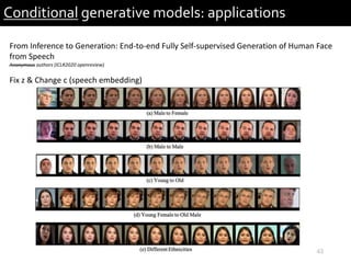 43
Conditional generative models: applications
From Inference to Generation: End-to-end Fully Self-supervised Generation of Human Face
from Speech
Anonymous authors (ICLR2020 openreview)
Fix z & Change c (speech embedding)
 
