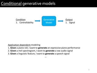 8
Conditional generative models
Application dependent modeling
1. Given a piano roll, I want to generate an expressive piano performance
2. Given a mel-spectrogram, I want to generate a raw audio signal
3. Given a linguistic feature, I want to generate a speech signal
…
Generative
Model
Output
1. Signal
Condition
1. Controllability
 