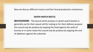 Now we discuss different insects and their Sound production mechanism.
DEATH-WATCH BEETLE
MACHANISM:- The Sound which produce in death-watch beetles is
generally use for their sexual call for mating or for their defence purpose
this sound may be produce by tapping the head against the walls of
burrow or in some males this sound may be produce by tapping the end
of abdomen against the substrate.
 