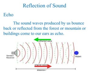 Reflection of Sound
Echo
The sound waves produced by us bounce
back or reflected from the forest or mountain or
buildings come to our ears as echo.
 