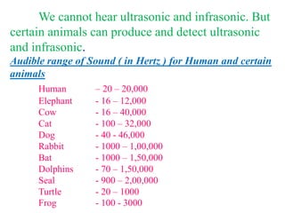 We cannot hear ultrasonic and infrasonic. But
certain animals can produce and detect ultrasonic
and infrasonic.
Audible range of Sound ( in Hertz ) for Human and certain
animals
Human – 20 – 20,000
Elephant - 16 – 12,000
Cow - 16 – 40,000
Cat - 100 – 32,000
Dog - 40 - 46,000
Rabbit - 1000 – 1,00,000
Bat - 1000 – 1,50,000
Dolphins - 70 – 1,50,000
Seal - 900 – 2,00,000
Turtle - 20 – 1000
Frog - 100 - 3000
 