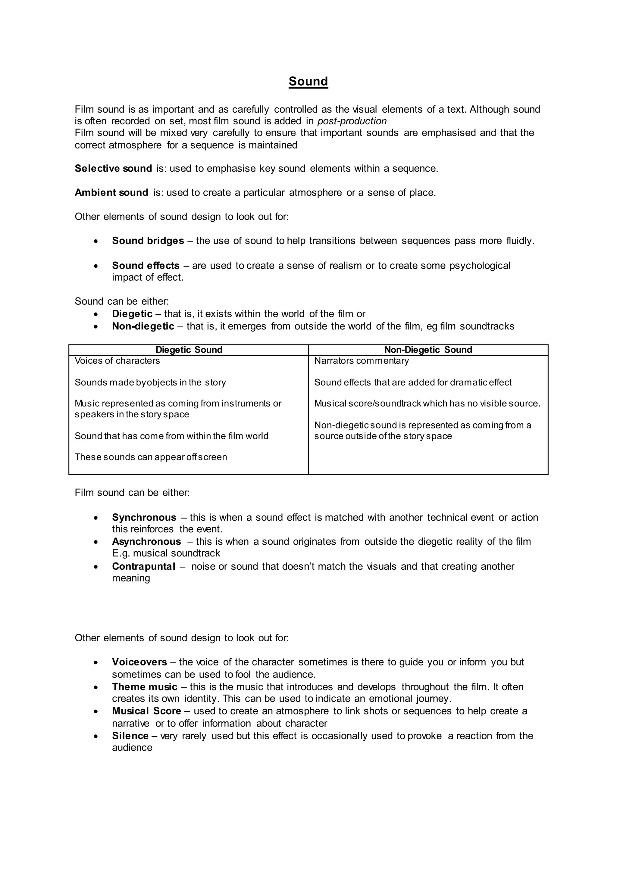 Sound notes sheet | DOCX | Soundtracks, TV and Showtunes | Music