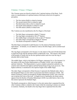 5 Stations = 5 Senses = 5 Fingers

The 5 human senses are directly related to the 5 spiritual stations of the Heart. Each
sense is a manifestation of a spiritual station of the heart at the level of cognitive
perception.

   o   The first station (Qalb) is related to hearing
   o   The second station (Sirr) is related to sight
   o   The third station (Sirr as Sirr) is related to touch
   o   The fourth station (Khafa) is related to smell
   o   The fifth station (Akhfa) is related taste

The 5 stations are also manifested as the five fingers of the hand:

   o   The little finger corresponds to Qalb (1st Station)
   o   The ring finger corresponds to Sirr (2nd Station)
   o   The middle finger corresponds to Sirr as Sirr (3rd Station)
   o   The index finger corresponds to Khafa (4th Station)
   o   The thumb corresponds to Akhfa (5th Station)

The little finger corresponds to Qalb because it is the station of humanity (normal
individuals). As humans, we are indeed as weak as the little finger, and in constant need
of support.

The ring finger corresponds to Sirr because it is the station of the seal of Faith (Iman) that
is engraved on the ring the spiritual seekers symbolically wear. This station is the station
of the people of Tariqa who are the true spiritual seekers and who wear the ring of
absolute faith in their Guide.

The middle finger, which is the highest of all fingers, represents Sirr as Sirr because it is
the station of the most Perfect Representative of Prophet {SAW} who is the highest
spiritual Authority. This Representative is given complete and perfect authority over
creation and is therefore the highest spiritual human being living at any given era. This
highest authority is manifested as the superior height of the middle finger.

The index finger corresponds to Khafa because it represents the Shahada index, that is,
the designated finger we raise when we pronounce the Islamic testimony of faith. The
Islamic testimony of faith was brought by Prophet Muhammad {SAW} who is the first
one to declare the Unity of the Lord. At higher levels of spirituality the Khafa station
appears from the Reality of Seydina Muhammad {SAW} (see table below), that is why
this station represents the Shahada finger.

The thumb corresponds to Akhfa because it is the only station that is separated from the
other 4 stations (Akhfa is related to the Creator while the remaining 4 stations are related
to creation). Similarly, the thumb is the only finger that is separated from the other
 