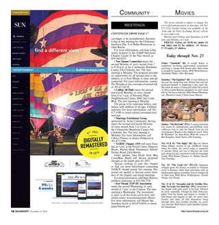 Community 
MEETINGS 
CONTINUED FROM PAGE 17 
cartridges to be reconditioned. Payment 
is due at this meeting for the Christmas 
luncheon Dec. 8 at Hellas Restaurant in 
Glen Burnie. 
For more information, call Judy Litke, 
recent recipient of the AARP Maryland 
Chapter Leader of the Year Award, at 
410-760-6253. 
• New Spouse Connection meets the 
second Monday of every month from 7 
to 8:30 p.m. at the Community Readiness 
Center, 830 Chisholm Ave. The next 
meeting is Monday. The program provides 
an opportunity for all spouses new to the 
military or to Fort Meade to meet and get 
connected. For more information, contact 
Pia Morales at pia.s.morales.civ@mail.mil 
or 301-677-4110. 
• Calling All Dads meets the second 
and fourth Monday of every month 
from 4 to 5 p.m. at Potomac Place 
Neighborhood Center, 4998 2nd Corps 
Blvd. The next meeting is Monday. 
The group is for expecting fathers, and 
fathers with children of all ages. Children 
welcome. For more information, call 301- 
677-5590 or email colaina.townsend.ctr@ 
mail.mil. 
• Marriage Enrichment Group, 
sponsored by Army Community Service, 
meets the second and fourth Monday 
of every month from 3 to 4 p.m. at 
the Community Readiness Center, 830 
Chisholm Ave. The next meeting is 
Monday. For more information, call 
Celena Flowers or Jessica Hobgood at 
301-677-5590. 
• NARFE Chapter 1519 will meet Tues-day 
at 1 p.m. at the Parish Center, Deacon’s 
Room, Martin Slade Elementary School, 
Dorsey Road, Glen Burnie. 
Guest speaker Ann Healy from Blue 
Cross/Blue Shield will discuss proposed 
changes to the health plan for 2015. 
Anyone wishing to join this chapter 
or find out more information concerning 
NARFE should attend this meeting. Per-sonnel 
are needed to become active mem-bers 
of the chapter and attend meetings. 
For more information, call Diane Shreves, 
publicity chairman, at 410-760-3750. 
• Fort Meade TOP III Association 
meets the second Wednesday of each 
month at 3 p.m. at the Courses. The next 
meeting is Wednesday. The association 
is open to all Air Force active-duty and 
retired senior noncommissioned officers. 
For more information, call Master Sgt. 
Jonathan Jacob at 443-479-0616 or email 
jajacob@nsa.gov. 
Movies 
The movie schedule is subject to change. For 
a recorded announcement of showings, call 301- 
677-5324. Further listings are available on the 
Army and Air Force Exchange Service website 
at www.aafes.com. 
Movies start Fridays and Saturdays at 6:30 
p.m. and Sundays at 2 p.m. 
PRICES: Tickets are $5.50 for adults (12 
and older) and $3 for children. 3D Movies: 
$7.50 adults, $5 children. 
Today through Nov. 23 
Friday: “Annabelle” (R). A couple begins to 
experience terrifying supernatural occurrences 
involving a vintage doll shortly after their home 
is invaded by satanic cultists. With Ward Horton, 
Annabelle Wallis, Alfre Woodard. 
Saturday: “The Equalizer” (R). A man believes he 
has put his mysterious past behind him and has 
dedicated himself to beginning a new, quiet life. 
But when he meets a young girl under the control 
of ultra-violent Russian gangsters, he can’t stand 
idly by. He has to help her. With Denzel Washing-ton, 
Marton Csokas, Chloë Grace Moretz. 
Sunday: “The Boxtrolls” (PG). A young orphaned 
boy raised by underground cave-dwelling trash 
collectors tries to save his friends from an evil 
exterminator. Based on the children’s novel “Here 
Be Monsters” by Alan Snow. With the voices of 
Ben Kingsley, Jared Harris, Elle Fanning. 
Nov. 14 & 16: “The Judge” (R). Big city lawyer 
Hank Palmer returns to his childhood home 
where his father, the town’s judge, is suspected 
of murder. Hank sets out to discover the truth 
and, along the way, reconnects with his estranged 
family. With Robert Downey Jr., Robert Duvall, 
Vera Farmiga. 
Nov. 15: “The Good Lie” (PG-13). Sudanese 
refugees given the chance to resettle in America 
arrive in Kansas, where their encounter with an 
employment agency counselor forever changes all 
of their lives. With Reese Witherspoon, Arnold 
Oceng, Ger Duany. 
Nov. 21 & 23: “Alexander and the Terrible, Hor-rible, 
No Good, Very Bad Day” (PG). Alexander’s 
day begins with gum stuck in his hair, followed 
by more calamities. Though he finds little sym-pathy 
from his family and begins to wonder if 
bad things only happen to him, his mom, dad, 
brother and sister all find themselves living 
through their own terrible, horrible, no good, 
very bad day. With Steve Carell, Jennifer Garner, 
Ed Oxenbould. 
á SEARCH 
á 
find a different view 
EENTNERTTAEINRMTENATI NwMENT w discover the new baltimoresun.com 
Kaitlin Newman / The Baltimore Sun 
get unlimited premium stories 
ies 
US 
with digitalPLUS 
99¢ 4 rs 
weeks 
for obaltimoresun.com/99cents 
presented by 
nts 
fits any device • exclusive, online-only content • stories that take you further than before 
SUBSCRIBE | LOG IN 
TOUR THE SITE 
MEMBER CENTER 
OBITUARIES w 
BUSINESS w 
LIFE w 
http://18 SOUNDOFF! November 6, 2014 www.ftmeade.army.mil 
