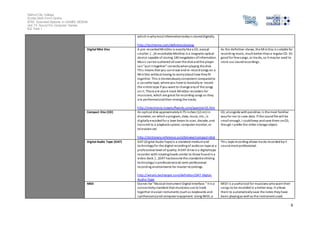 Salford City College
Eccles Sixth Form Centre
BTEC Extended Diploma in GAMES DESIGN
Unit 73: Sound For Computer Games
IG2 Task 1
6
which is whymost informationtodayis storeddigitally.
http://techterms.com/definition/analog
Digital Mini Disc A pre-recordedMiniDisc is exactlylike a CD, except
smaller. […]A recordable MiniDisc is a magneto-optical
device capable of storing 140 megabytes ofinformation.
Music canbe scattered all over the diskandthe player
can "put it together" correctlywhenplaying the disk.
This means that you canerase andre-recordsongs on a
MiniDisc without having to worryabout how theyfit
together. This is tremendouslyconvenient comparedto
a cassette tape, where you have to basicallyre-record
the entire tape if you want to change anyof the songs
on it. There are also4-track MiniDisc recorders for
musicians, which are great for recording songs as they
are performedandthen mixing the tracks.
http://electronics.howstuffworks.com/question55.htm
As the definition shows, the Mini Disc is suitable for
recording music, muchbetter thana regular CD. It’s
good for fewsongs, or tracks, so it maybe used to
store our soundrecordings.
Compact Disc (CD) An optical disk approximately4.75 inches (12 cm) in
diameter, on which a program, data, music, etc., is
digitallyencodedfor a laser beam to scan, decode, and
transmit to a playbacksystem, computer monitor, or
televisionset.
http://dictionary.reference.com/browse/compact+disk
CD, alongside withpendrive, is the most familiar
wayfor me to save data. If the soundfile will be
small enough, I couldkeep andsave them onCD,
though I prefer the other storage object.
Digital Audio Tape (DAT) DAT (Digital AudioTape)is a standard mediumand
technologyfor the digital recordingof audioon tape at a
professional level of quality. A DAT drive is a digitaltape
recorder with rotatingheads similar to those foundina
video deck. […]DAT hasbecome the standardarchiving
technologyinprofessionaland semi-professional
recording environments for master recordings.
http://whatis.techtarget.com/definition/DAT-Digital-
Audio-Tape
This tape recording allows tracks recordedbyit
soundmore professional.
MIDI Stands for "Musical Instrument Digital Interface." It is a
connectivitystandard that musicians use to hook
together musical instruments (suchas keyboards and
synthesizers)and computer equipment. Using MIDI, a
MIDI is a useful tool for musicians whowant their
songs to be recorded in a better way. It allows
them to automaticallysave the notes theyhave
been playingas well as the instrument used.
 