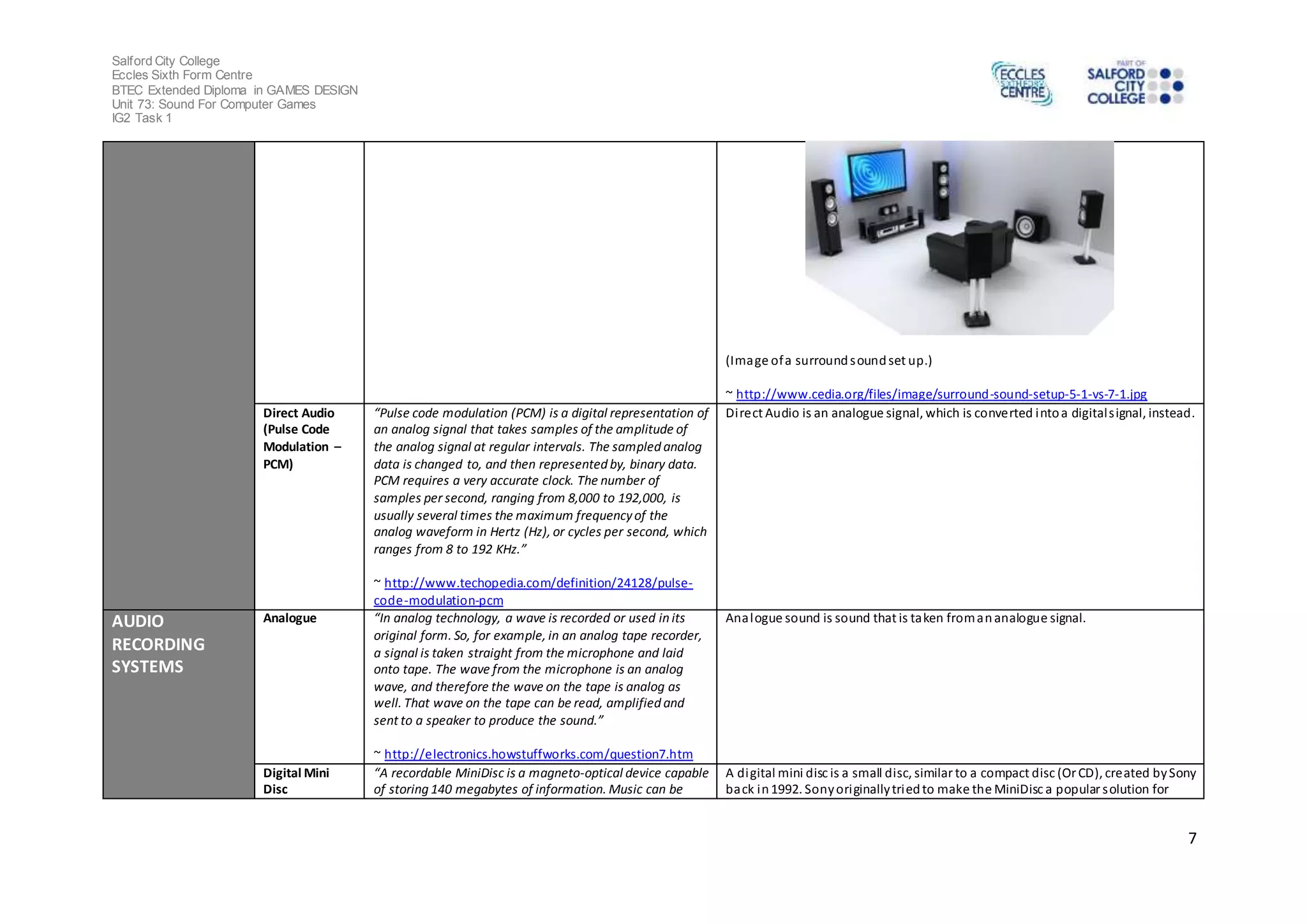 Salford City College
Eccles Sixth Form Centre
BTEC Extended Diploma in GAMES DESIGN
Unit 73: Sound For Computer Games
IG2 Task 1
7
(Image ofa surroundsoundset up.)
~ http://www.cedia.org/files/image/surround-sound-setup-5-1-vs-7-1.jpg
Direct Audio
(Pulse Code
Modulation –
PCM)
“Pulse code modulation (PCM) is a digital representation of
an analog signal that takes samples of the amplitude of
the analog signal at regular intervals. The sampled analog
data is changed to, and then represented by, binary data.
PCM requires a very accurate clock. The number of
samples per second, ranging from 8,000 to 192,000, is
usually several times the maximum frequencyof the
analog waveform in Hertz (Hz), or cycles per second, which
ranges from 8 to 192 KHz.”
~ http://www.techopedia.com/definition/24128/pulse-
code-modulation-pcm
Direct Audio is an analogue signal, which is converted intoa digitalsignal, instead.
AUDIO
RECORDING
SYSTEMS
Analogue “In analog technology, a wave is recorded or used in its
original form. So, for example, in an analog tape recorder,
a signal is taken straight from the microphone and laid
onto tape. The wave from the microphone is an analog
wave, and therefore the wave on the tape is analog as
well. That wave on the tape can be read, amplified and
sent to a speaker to produce the sound.”
~ http://electronics.howstuffworks.com/question7.htm
Analogue sound is sound that is taken fromananalogue signal.
Digital Mini
Disc
“A recordable MiniDisc is a magneto-optical device capable
of storing 140 megabytes of information. Music can be
A digital mini disc is a small disc, similar to a compact disc (Or CD), created bySony
back in1992. Sonyoriginallytriedto make the MiniDisc a popular solution for
 