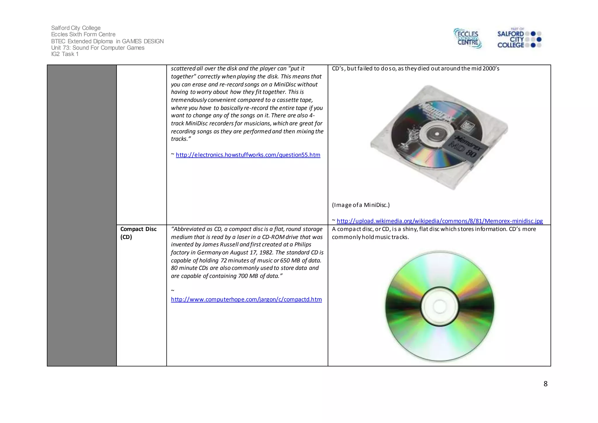 Salford City College
Eccles Sixth Form Centre
BTEC Extended Diploma in GAMES DESIGN
Unit 73: Sound For Computer Games
IG2 Task 1
8
scattered all over the disk and the player can "put it
together" correctly when playing the disk. This means that
you can erase and re-record songs on a MiniDisc without
having to worry about how they fit together. This is
tremendouslyconvenient compared to a cassette tape,
where you have to basicallyre-record the entire tape if you
want to change any of the songs on it. There are also 4-
track MiniDisc recorders for musicians, which are great for
recording songs as they are performed and then mixing the
tracks.”
~ http://electronics.howstuffworks.com/question55.htm
CD’s, but failed to doso, as theydied out aroundthe mid2000’s
(Image ofa MiniDisc.)
~ http://upload.wikimedia.org/wikipedia/commons/8/81/Memorex-minidisc.jpg
Compact Disc
(CD)
“Abbreviated as CD, a compact disc is a flat, round storage
medium that is read by a laser in a CD-ROMdrive that was
invented by James Russell and first created at a Philips
factory in Germanyon August 17, 1982. The standard CD is
capable of holding 72 minutes of music or 650 MB of data.
80 minute CDs are also commonly used to store data and
are capable of containing 700 MB of data.”
~
http://www.computerhope.com/jargon/c/compactd.htm
A compact disc, or CD, is a shiny, flat disc whichstores information. CD’s more
commonlyholdmusic tracks.
 