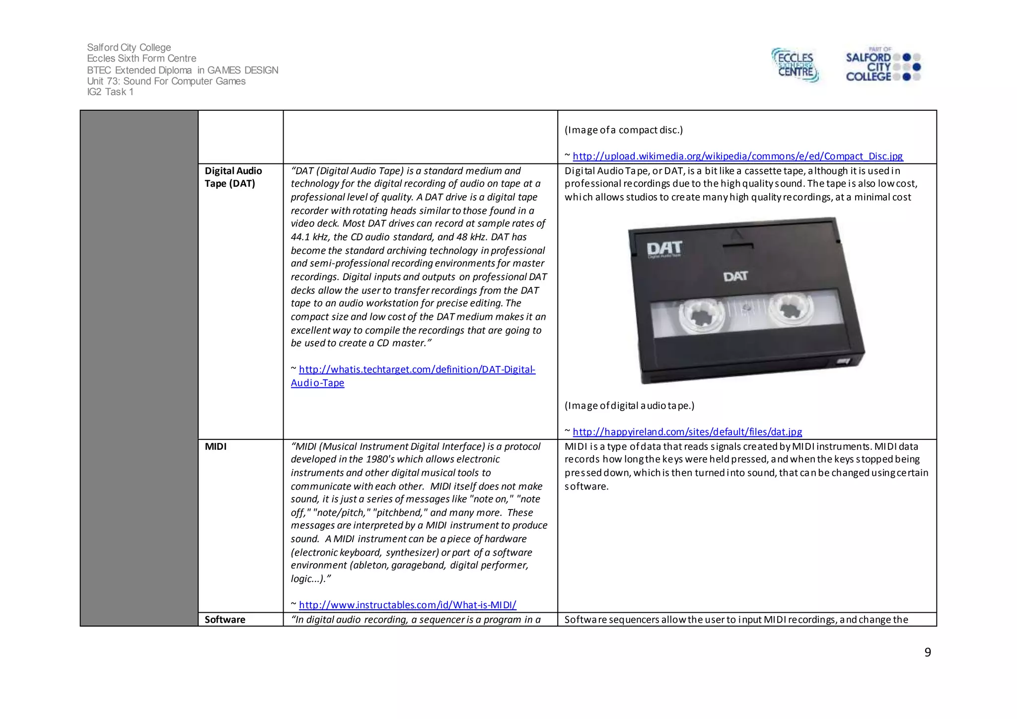 Salford City College
Eccles Sixth Form Centre
BTEC Extended Diploma in GAMES DESIGN
Unit 73: Sound For Computer Games
IG2 Task 1
9
(Image ofa compact disc.)
~ http://upload.wikimedia.org/wikipedia/commons/e/ed/Compact_Disc.jpg
Digital Audio
Tape (DAT)
“DAT (Digital Audio Tape) is a standard medium and
technology for the digital recording of audio on tape at a
professional level of quality. A DAT drive is a digital tape
recorder with rotating heads similar to those found in a
video deck. Most DAT drives can record at sample rates of
44.1 kHz, the CD audio standard, and 48 kHz. DAT has
become the standard archiving technology in professional
and semi-professional recording environments for master
recordings. Digital inputs and outputs on professional DAT
decks allow the user to transfer recordings from the DAT
tape to an audio workstation for precise editing. The
compact size and low cost of the DAT medium makes it an
excellent way to compile the recordings that are going to
be used to create a CD master.”
~ http://whatis.techtarget.com/definition/DAT-Digital-
Audio-Tape
Digital AudioTape, or DAT, is a bit like a cassette tape, although it is usedin
professional recordings due to the highqualitysound. The tape is also lowcost,
which allows studios to create manyhigh qualityrecordings, at a minimal cost
(Image ofdigital audiotape.)
~ http://happyireland.com/sites/default/files/dat.jpg
MIDI “MIDI (Musical Instrument Digital Interface) is a protocol
developed in the 1980's which allows electronic
instruments and other digital musical tools to
communicate with each other. MIDI itself does not make
sound, it is just a series of messages like "note on," "note
off," "note/pitch," "pitchbend," and many more. These
messages are interpreted by a MIDI instrument to produce
sound. A MIDI instrument can be a piece of hardware
(electronic keyboard, synthesizer) or part of a software
environment (ableton, garageband, digital performer,
logic...).”
~ http://www.instructables.com/id/What-is-MIDI/
MIDI is a type ofdata that reads signals createdbyMIDI instruments. MIDI data
records how longthe keys were heldpressed, andwhenthe keys stoppedbeing
presseddown, whichis then turnedinto sound, that canbe changedusingcertain
software.
Software “In digital audio recording, a sequencer is a program in a Software sequencers allowthe user to input MIDI recordings, andchange the
 