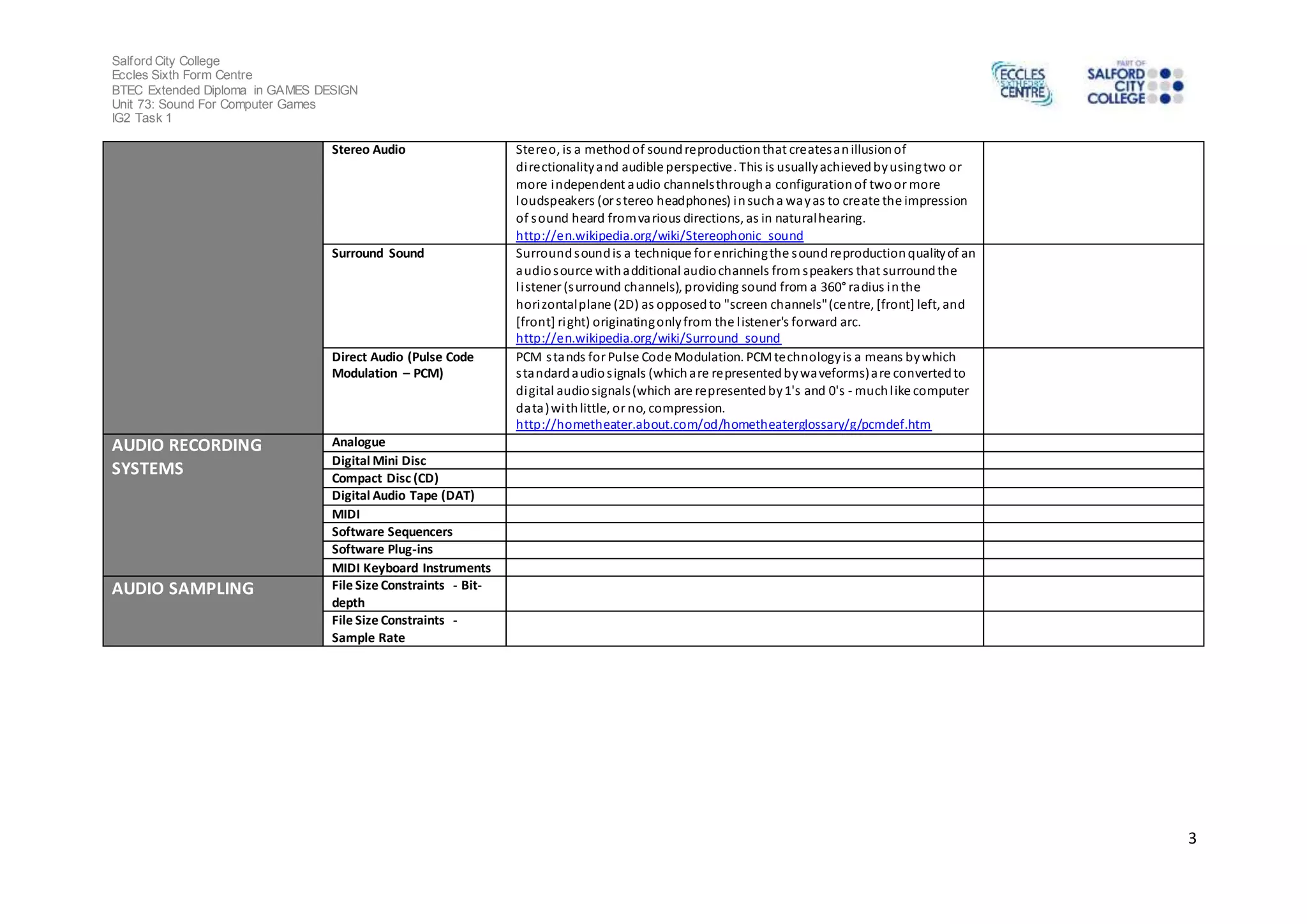 Salford City College
Eccles Sixth Form Centre
BTEC Extended Diploma in GAMES DESIGN
Unit 73: Sound For Computer Games
IG2 Task 1
3
Stereo Audio Stereo, is a methodof soundreproductionthat createsanillusionof
directionalityand audible perspective. This is usuallyachievedbyusingtwo or
more independent audio channelsthrougha configurationof twoor more
loudspeakers (or stereo headphones) insucha wayas to create the impression
of sound heard fromvarious directions, as in naturalhearing.
http://en.wikipedia.org/wiki/Stereophonic_sound
Surround Sound Surroundsoundis a technique for enrichingthe soundreproductionqualityof an
audiosource withadditional audiochannels from speakers that surroundthe
listener (surround channels), providing sound from a 360° radius inthe
horizontalplane (2D) as opposedto "screen channels"(centre, [front] left, and
[front] right) originatingonlyfrom the listener's forward arc.
http://en.wikipedia.org/wiki/Surround_sound
Direct Audio (Pulse Code
Modulation – PCM)
PCM stands for Pulse Code Modulation. PCMtechnologyis a means bywhich
standardaudiosignals (whichare representedbywaveforms)are convertedto
digital audiosignals(which are representedby1's and 0's - muchlike computer
data)withlittle, or no, compression.
http://hometheater.about.com/od/hometheaterglossary/g/pcmdef.htm
AUDIO RECORDING
SYSTEMS
Analogue
Digital Mini Disc
Compact Disc (CD)
Digital Audio Tape (DAT)
MIDI
Software Sequencers
Software Plug-ins
MIDI Keyboard Instruments
AUDIO SAMPLING File Size Constraints - Bit-
depth
File Size Constraints -
Sample Rate
 