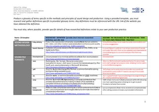 Salford City College
Eccles Sixth Form Centre
BTEC Extended Diploma in GAMES DESIGN
Unit 73: Sound For Computer Games
IG2 Task 1
1
Produce a glossary of terms specific to the methods and principles of sound design and production. Using a provided template, you must
research and gather definitions specific to provided glossary terms. Any definitions must be referenced with the URL link of the website you
have obtained the definition.
You must also, where possible, provide specific details of how researched definitions relate to your own production practice.
Name: Christopher
Lucas
RESEARCHED DEFINITION (provide short internet researched
definition and URL link)
DESCRIBE THE RELEVANCE OF THE RESEARCHED TERM
TO YOUR OWN PRODUCTION PRACTICE?
SOUND DESIGN
METHODOLOGY
Foley Artistry Foley is the reproduction ofeveryday sound effects that are added to
film,video, and other media in post-production to enhance audio quality.
http://en.wikipedia.org/wiki/Foley_%28filmmaking%29
FoleyArtistryallows me to make my audiomore realistic and
or more exaggeration.
Sound Libraries Collection ofsounds stored on file (for example on CDs,DVDs, or as
digital audio files).
http://www.collinsdictionary.com/dictionary/english/sound-library
A sound libraryis useful as it can let you store tons of sounds
and audio files andit thencanbe uploaded and downloadedto
cloud allowingyou to use andmove your files from any
location.
SOUND FILE
FORMATS
Uncompressed Uncompressed is to minimize additional artifacts from recompression.
http://www.yourdictionary.com/uncompressed
Uncompressed
.wav Multimedia, file format, filename extension
(waveform) /wav/, /dot wav/ A sound formatdeveloped by Micr
osoft and used extensively in Microsoft Windows.
http://dictionary.reference.com/browse/wav
.Wavis a file format and is quite practicalas it is verysimple
and small making it veryeasyto store, allowingit to be used in
a lot of different programs.
.aiff Short for Audio Interchange File Format, a common formatfor storing
and transmitting sampled sound.
http://www.webopedia.com/TERM/A/AIFF.html
.Aiff allows me to easilystore andtransfer mysounds and
audiowhichis veryuseful if I need to use anyof mysounds
from anylocation.
.au Short for audio, a common formatfor sound files on UNIX machines.
http://www.webopedia.com/TERM/A/AU.html v
.Au is a great format if youare planning to be programming as
this mainlyusedwithprogramJava.
.smp Short for Symmetric Multiprocessing,a computer architecture that
provides fastperformance by making multiple CPUs available to
complete individual processes simultaneously(multiprocessing).
http://www.webopedia.com/TERM/S/SMP.html
.SMP allows me to use multiple processors while still onlyusing
one main operating system allowingme to get mywork
finished a lot faster thannormal.
Lossy
Compression
Refers to data compression techniques in which some amountof data is
lost.Lossycompression technologies attemptto eliminate redundantor
unnecessaryinformation.
http://www.webopedia.com/TERM/L/lossy_compression.html
Lossycompressionallows me to reconstruct compressed data
after editing andalsoremoves anyredundant information.
 