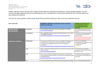 Salford City College
Eccles Sixth Form Centre
BTEC Extended Diploma in GAMES DESIGN
Unit 73: Sound For Computer Games
IG2 Task 1
1
Produce a glossary of terms specific to the methods and principles of sound design and production. Using a provided template, you must
research and gather definitions specific to provided glossary terms. Any definitions must be referenced with the URL link of the website you
have obtained the definition.
You must also, where possible, provide specific details of how researched definitions relate to your own production practice.
Name: Aiden Kelly RESEARCHED DEFINITION (provide short internet researched
definition and URL link)
DESCRIBE THE RELEVANCE OF
THE RESEARCHED TERM TO
YOUR OWN PRODUCTION
PRACTICE?
SOUND DESIGN
METHODOLOGY
Foley Artistry A sound effects technique for synchronous effects or live effects .
http://filmsound.org/foley/
FoleyArtistrywouldoftenbe used
for subtle sounds like the rustlingof
clothes.
Sound Libraries This a collection of sounds stored on file (for example on CDs,DVDs,
or as digital audio files).
http://www.collinsdictionary.com/dictionary/english/sound-library
This is where there would be a group
of sounds/music whichwouldbe
stored ona file.
We used soundlibrariesbystoring a
small mixture of sounds that we put
together to make a short sequence.
SOUND FILE FORMATS Uncompressed Uncompressedaudiofiles are the most accurate digitalrepresentationof a
soundwave, but can alsobe the most resource-intensive methodof
recording andstoring digital audio, bothinterms of storage and
management.
http://www.jiscdigitalmedia.ac.uk/guide/uncompressed-audio-file-formats
This is an accurate digital
representation of a sound wave. That
is usedfor storage and for
management.
.wav .WAV is a Microsoft andIBMaudiofile format standardfor storing anaudio
bitstreamon PCs.
http://en.wikipedia.org/wiki/WAV
This file format is the standard
format that is used to store anaudio
bitstreamon a pc.
.aiff AIFF is short for Audio Interchange File Format, which is anaudio format
initiallycreatedbyApple Computer for storing andtransmitting high-quality
sampledaudio data.
http://www.abyssmedia.com/formats/aiff-format.shtml
This file format would be used for
transmitting andstoring high-quality
soundfiles.
.au It is alsothe standard audio file format for the Java programminglanguage. This is the standard file format that
 