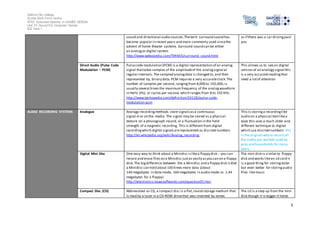 Salford City College
Eccles Sixth Form Centre
BTEC Extended Diploma in GAMES DESIGN
Unit 73: Sound For Computer Games
IG2 Task 1
5
sound and directional audio sources.Theterm surround sound has
become popular in recent years and more commonly used sincethe
advent of home theater systems. Surround sound can be either
an analog or digital system.
http://www.webopedia.com/TERM/S/surround_sound.html
as if there was a car drivingpast
you
Direct Audio (Pulse Code
Modulation – PCM)
Pulsecode modulation (PCM) is a digital representation of an analog
signal thattakes samples of the amplitudeof the analogsignal at
regular intervals.The sampled analogdata is changed to, and then
represented by, binary data.PCM requires a very accurateclock.The
number of samples per second, rangingfrom 8,000 to 192,000,is
usually several times the maximum frequency of the analogwaveform
in Hertz (Hz), or cycles per second, which ranges from 8 to 192 KHz.
http://www.techopedia.com/definition/24128/pulse-code-
modulation-pcm
This allows us to see an digital
version of an analogy signal this
is a very accuratereadingthat
need a lotof attention
AUDIO RECORDING SYSTEMS Analogue Analogy recordingmethods store signalsasa continuous
signal in or on the media. The signal may be stored as a physical
texture on a phonograph record, or a fluctuation in the field
strength of a magnetic recording. This is different from digital
recording which digital signals arerepresented as discretenumbers
http://en.wikipedia.org/wiki/Analog_recording
This is storinga recordinglike
audio on a physical itemlikea
tape this uses a much older and
different technique to digital
which use discreetnumbers this
is the original way to record all
the audio you wanted used by
pros and households for many
years
Digital Mini Disc One easy way to think about a Minidisc islikea floppy disk -- you can
record and erase files on a Minidisc justas easily asyou can on a floppy
disk.The bigdifference between the a Minidisc and a floppy disk isthat
a Minidisc can hold about100 times more data (about
140 megabytes in data mode, 160 megabytes in audio mode vs. 1.44
megabytes for a floppy).
http://electronics.howstuffworks.com/question55.htm
The mini disk is similar to floppy
disk and works likean sd card it
is a good thing for storingdater
but even better for storingaudio
files likemusic
Compact Disc (CD) Abbreviated as CD, a compact disc is a flat,round storage medium that
is read by a laser in a CD-ROM drivethat was invented by James
The cd is a step up from the mini
disk though it is bigger it holds
 