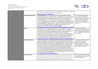 Salford City College
Eccles Sixth Form Centre
BTEC Extended Diploma in GAMES DESIGN
Unit 73: Sound For Computer Games
IG2 Task 1
5
on the disc and is read by a laser from an optical drive.The drives translate the
notches (which represent 1's and 0's) into usable data.
http://techterms.com/definition/cd
Digital Audio Tape (DAT) Digital Audio Tape (DAT or R-DAT) is a signalrecording andplaybackmedium
developedbySonyandintroducedin1987.[1] In appearance it is similar to a compact
audiocassette, using 4 mm magnetic tape enclosedina protective shell, but is
roughlyhalfthe size at 73 mm × 54 mm × 10.5 mm. As the name suggests, the
recording isdigital rather thananalog. DAT has the abilityto recordat higher, equal
or lower sampling rates thana CD (48, 44.1 or 32 kHz sampling rate respectively) at
16 bits quantization. Ifa digitalsource is copiedthen the DAT will produce anexact
clone, unlike other digital media suchas Digital Compact Cassette or non-Hi-
MD MiniDisc, bothof whichuse lossydata compression.
http://www.princeton.edu/~achaney/tmve/wiki100k/docs/Digital_Audio_Tape.html
I now knowthat a digitalaudio
tape is a signalrecording and
playback device. It records digital
audioinsteadof analog andhas
the abiliyto record at higher,
equal to or lower samplingrates
than a CD.
MIDI MIDI (Musical Instrument Digital Interface) is a protocol designedfor recording and
playing backmusic on digitalsynthesizers that is supportedbymanymakes of
personalcomputer soundcards. Originallyintendedto control one keyboard from
another, it was quicklyadopted for the personal computer. Rather than
representingmusical sound directly, it transmits informationabout howmusic is
produced. The commandset includes note-ons, note-offs, keyvelocity, pitch bend
and other methods of controlling a synthesizer. The sound waves producedare
those alreadystoredina wavetable in the receiving instrument or soundcard.
http://whatis.techtarget.com/definition/MIDI-Musical-Instrument-Digital-Interface
I understandthat MIDI is a
designedfor recordingandplaying
back audio oddigital synthesizers
and is supported bymanymakes
of sound card.
Software Sequencers In digitalaudiorecording, a sequencer is a programin a computer or stand-alone keyboard
unit that puts together a sound sequencefrom a series (or sequence) ofMusicalInstrument
Digital Interface( MIDI ) events (operations). TheMIDI sequencerallows theuserto record and
edit a musical performancewithout using anaudio-basedinputsource. Theperformance is
recordedas a series ofevents that wouldordinarily be played infrom a keyboard instrument.
The MIDI sequencer does not recordtheactualaudio, but ratherthe events related tothe
performance -whatnotewas played at what time, howhard the key was pressed,when did
the sustain pedalgetdepressed,and soforth. This data is thenplayed back into a MIDI
instrumentor sound module. Using this method,theperformercan select a piano soundfor a
musical passage andlater decidethat thepassagewould work betteras anorgan sound. The
editor can simplychangethesound program ontheMIDI keyboard toalter thesound without
needing to rerecordtheentire performance.
http://whatis.techtarget.com/definition/sequencer
I now understandthat a software
sequencer is a programina
computer or stand-alone
keyboard whichputs together a
soundsequence from a seriesof
musical instrument events.
Software Plug-ins Though software plug-ins might not make your room smell as nice as the scented ones
you stick in an outlet, they are still useful. A software plug-in is an add-on for a program
that adds functionality to it. For example, a Photoshop plug-in (such as Eye Candy) may
add extra filters that you can use to manipulate images. A browser plug-in (such as
Macromedia Flash or Apple QuickTime) allows you to play certain multimedia files within
I understandthat a software plug
in is anadd-ofor a programwhich
adds functionalityto it.
 