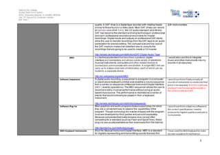 Salford City College
Eccles Sixth Form Centre
BTEC Extended Diploma in GAMES DESIGN
Unit 73: Sound For Computer Games
IG2 Task 1
5
quality. A DAT drive is a digital tape recorder with rotating heads
similar to those found in a video deck. Most DAT drives can record
at sample rates of44.1 kHz, the CD audio standard,and 48 kHz.
DAT has become the standard archiving technologyin professional
and semi-professional recording environments for master
recordings.Digital inputs and outputs on professional DATdecks
allow the user to transfer recordings from the DAT tape to an audio
workstation for precise editing.The compactsize and low costof
the DAT medium makes itan excellent way to compile the
recordings thatare going to be used to create a CD master.
http://whatis.techtarget.com/definition/DAT-Digital-Audio-Tape
with instrumentals.
MIDI is a technical standard thatdescribes a protocol,digital
interface and connectors and allows a wide variety of electronic
musical instruments,computers and other related devices to
connectand communicate with one another. A single MIDI link can
carry up to sixteen channels ofinformation,each of which can be
routed to a separate device.
http://en.wikipedia.org/wiki/MIDI
I would also use this to integrate
music and other instruments into my
sounds in an easyway.
Software Sequencers N digital audio recording,a sequencer is a program in a computer
or stand-alone keyboard unitthat puts together a sound sequence
from a series (or sequence) ofMusical InstrumentDigital Interface
(MIDI ) events (operations).The MIDI sequencer allows the user to
record and edita musical performance withoutusing an audio-
based inputsource.The performance is recorded as a series of
events that would ordinarilybe played in from a keyboard
instrument.
http://whatis.techtarget.com/definition/sequencer
I woulduse thisto finallycompile all
sounds ofinstruments to create one final
piece inan easyway. Alsothis couldsave
plentyof time for placing the sounds in
the correct order yourself.
Software Plug-ins Most graphics and audio programs todaysupportplug-ins since
they are a convenientway to expand the capabilities ofthe
program.Though some plug-ins maybe shipped with the program,
mostare developed by third-parties and are sold separately.
Because companies thatmake browser plug-ins are often
competing for a standard (such as Flash and QuickTime), these
plug-ins are usuallyavailable as free downloads from the Internet.
http://techterms.com/definition/plugin
I woulduse thisto adapt mysoftware to
the current specifications I needto
produce the highest qualitysound and or
instrumental.
MIDI Keyboard Instruments Short for Musical InstrumentDigital Interface, MIDI is a standard
for digitally representing and transmitting sounds thatwas first
I have usedthe MIDI keyboardto make
my own sounds to fit myfinal cut
 