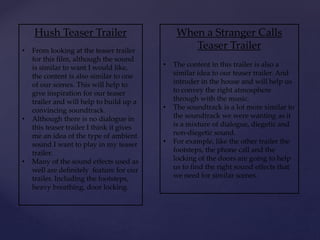 Hush Teaser Trailer
• From looking at the teaser trailer
for this film, although the sound
is similar to want I would like,
the content is also similar to one
of our scenes. This will help to
give inspiration for our teaser
trailer and will help to build up a
convincing soundtrack.
• Although there is no dialogue in
this teaser trailer I think it gives
me an idea of the type of ambient
sound I want to play in my teaser
trailer.
• Many of the sound effects used as
well are definitely feature for our
trailer. Including the footsteps,
heavy breathing, door locking.
When a Stranger Calls
Teaser Trailer
• The content in this trailer is also a
similar idea to our teaser trailer. And
intruder in the house and will help us
to convey the right atmosphere
through with the music.
• The soundtrack is a lot more similar to
the soundtrack we were wanting as it
is a mixture of dialogue, diegetic and
non-diegetic sound.
• For example, like the other trailer the
footsteps, the phone call and the
locking of the doors are going to help
us to find the right sound effects that
we need for similar scenes.
 