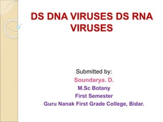 DS DNA VIRUSES DS RNA
VIRUSES
Submitted by:
Soundarya. D.
M.Sc Botany
First Semester
Guru Nanak First Grade College, Bidar.
 