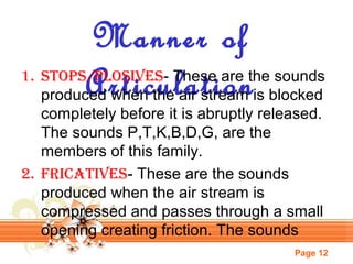 Manner of
Articulation

1. StoPS/PloSiveS- These are the sounds
produced when the air stream is blocked
completely before it is abruptly released.
The sounds P,T,K,B,D,G, are the
members of this family.
2. FricativeS- These are the sounds
produced when the air stream is
compressed and passes through a small
opening creating friction. The sounds
Page 12

 