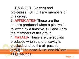 F,V,S,Z,TH (voiced) and
(voiceless), SH, ZH are members of
this group.
3. aFFricateS- These are the
sounds produced when a plosive is
followed by a fricative. CH and J are
the members of this group
4. naSalS- These are the sounds
produced when the oral cavity is
blocked, and so the air passes
through the nose. N, M and NG are
nasal sounds.

Page 13

 