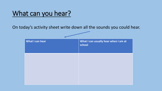 What can you hear?
On today’s activity sheet write down all the sounds you could hear.
What I can hear What I can usually hear when I am at
school
 