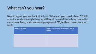 What can’t you hear?
Now imagine you are back at school. What can you usually hear? Think
about sounds you might hear at different times of the school day in the
classroom, halls, staircases and playground. Write them down on your
table.
What I can hear What I can usually hear when I am at
school
 