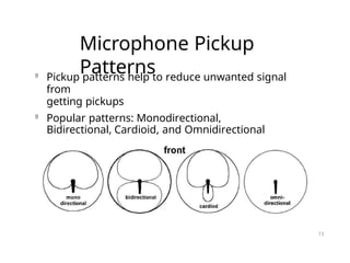 Microphone Pickup
Patterns

Pickup patterns help to reduce unwanted signal
from
getting pickups

Popular patterns: Monodirectional,
Bidirectional, Cardioid, and Omnidirectional
15
 