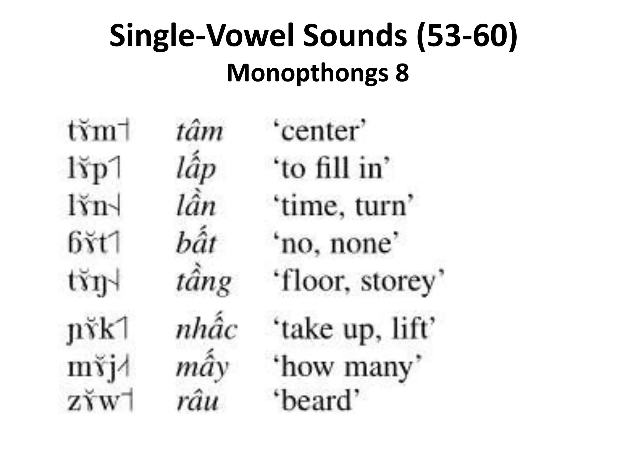 Single-Vowel Sounds (53-60) 
Monopthongs 8 
 