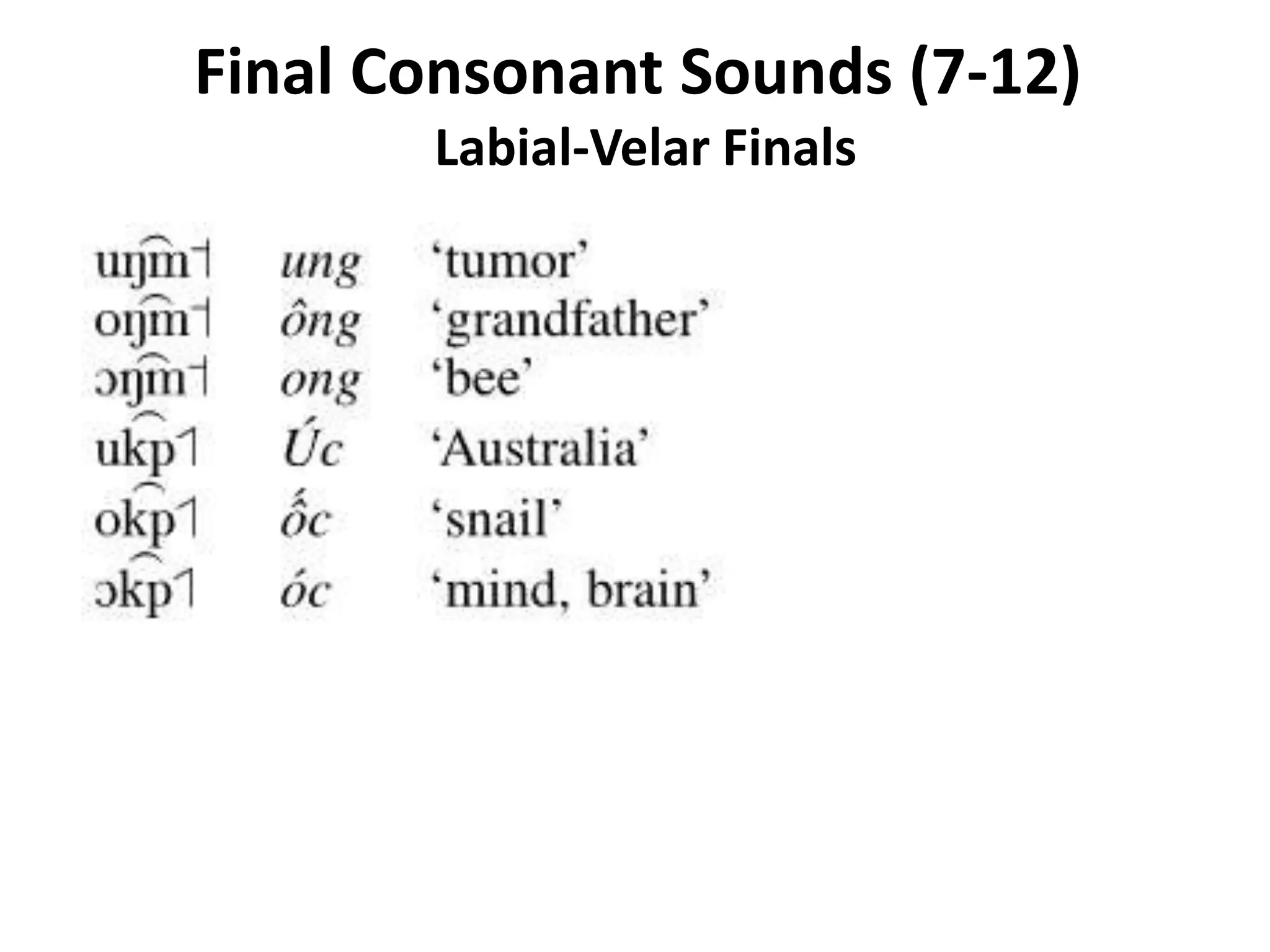 Final Consonant Sounds (7-12) 
Labial-Velar Finals 
 